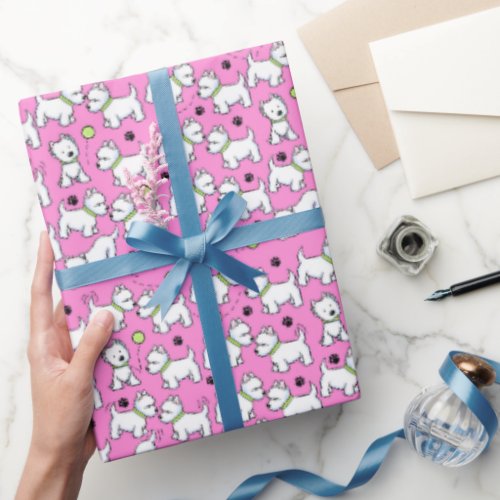 KiniArt Playful Westies Pink Wrapping Paper