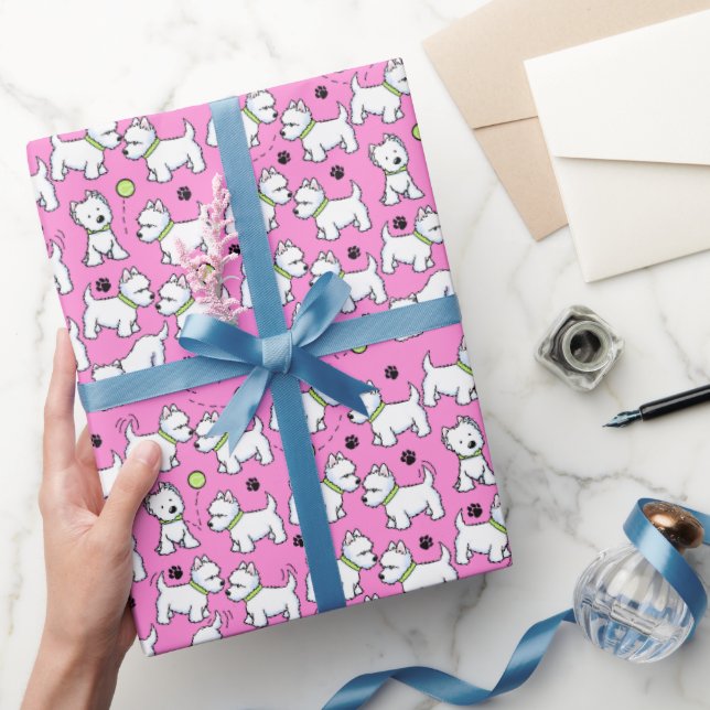 KiniArt Playful Westies Pink Wrapping Paper (Gifting)