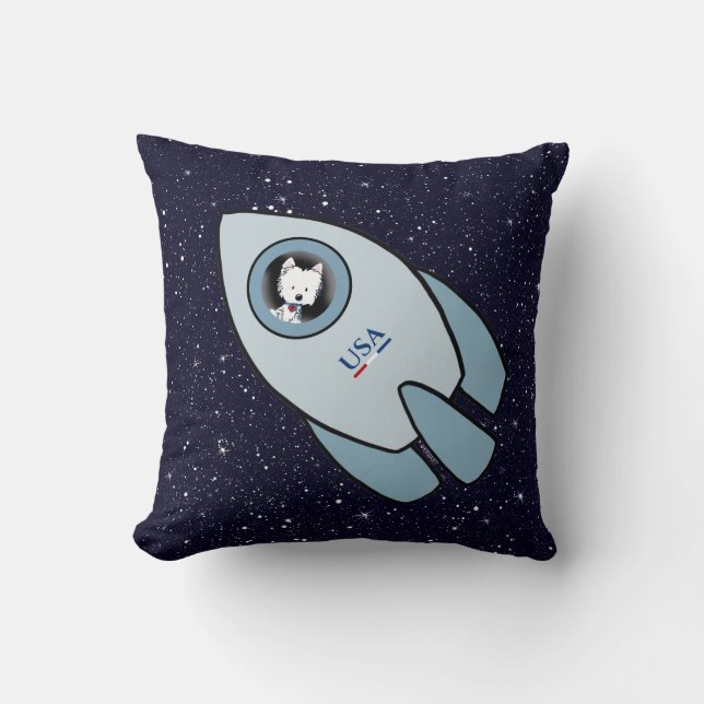 KiniArt Space Rocket Dog Westie Throw Pillow (Front)