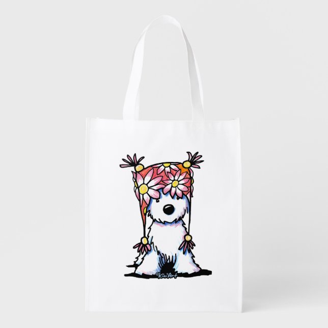 KiniArt Westie Floral Hat Grocery Bag (Front)