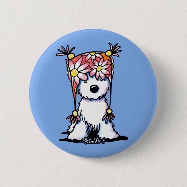 KiniArt Westie Floral Hat T-Shirt Button (Front)