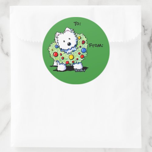 KiniArt Wreath Westie Gift Tags Round Sticker