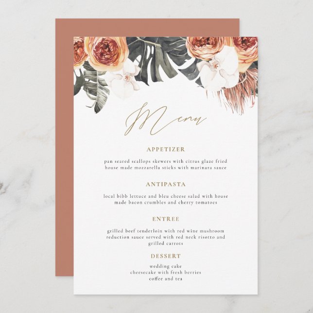 KINSLEY Boho Terracotta Floral Wedding Dinner Menu (Front/Back)