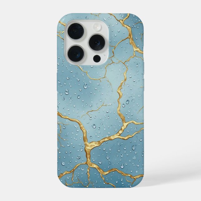 💙 Kintsugi Gold Cracks ✨ Blue Water Droplets💙 iPhone Case (Back)