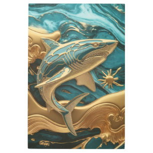 Kintsugi Golden Shark with Teal Accents Metal Print