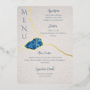Kintsugi Inspired Blue Cherry Blossom Menu Foil Invitation