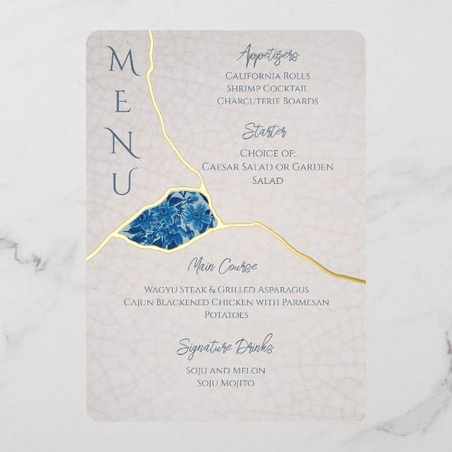 Kintsugi Inspired Blue Cherry Blossom Menu Foil Invitation (Front)