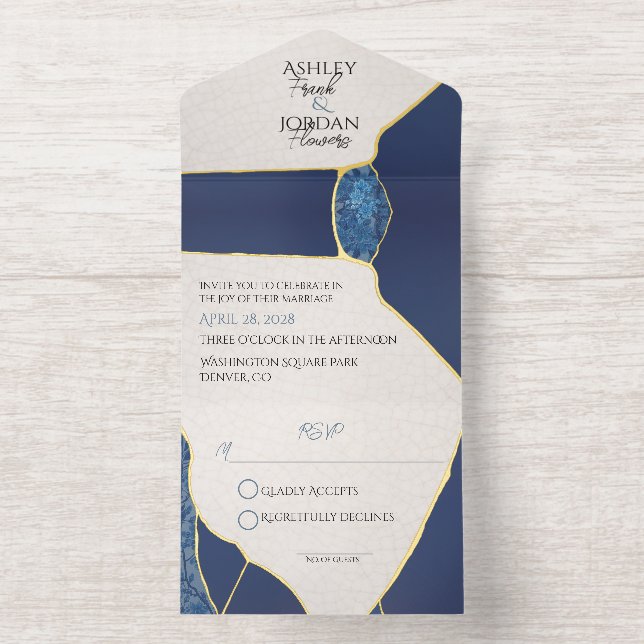 Kintsugi Inspired Blue Cherry Blossoms  All In One Invitation (Inside)