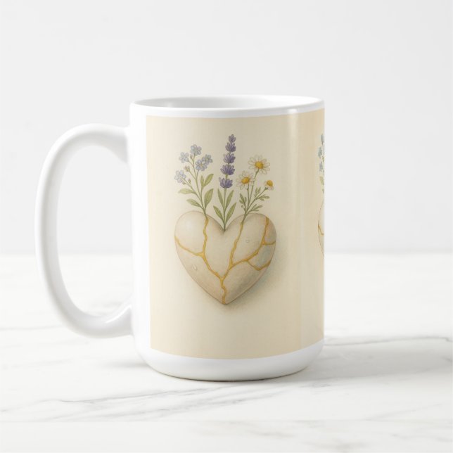 Kintsugi Wildflower Heart Watercolor Coffee Mug (Left)