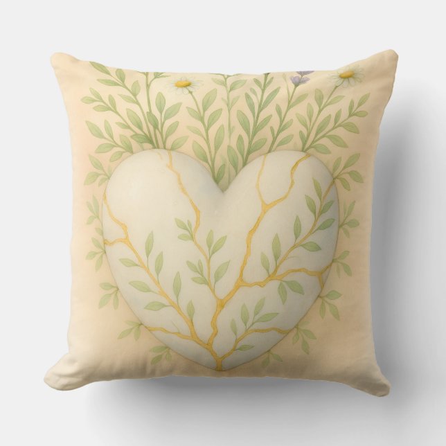 Kintsugi Wildflower Heart Watercolor Throw Pillow (Front)