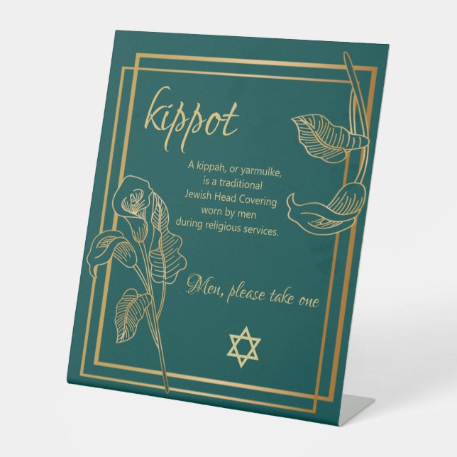 Kippah Yarmulke Table Sign Gold Lilies on Green (Front)