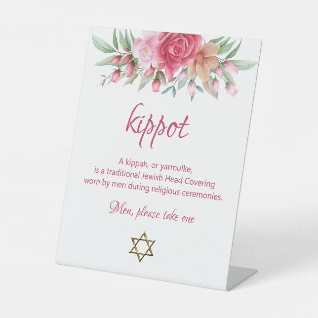 Kippah Yarmulke Table Sign Pink Rose Blush Wedding (Front)