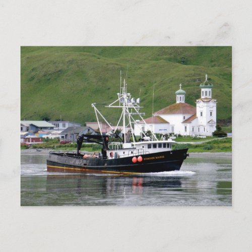 Kirsten Marie passing the City of Unalaska Alaska Postcard