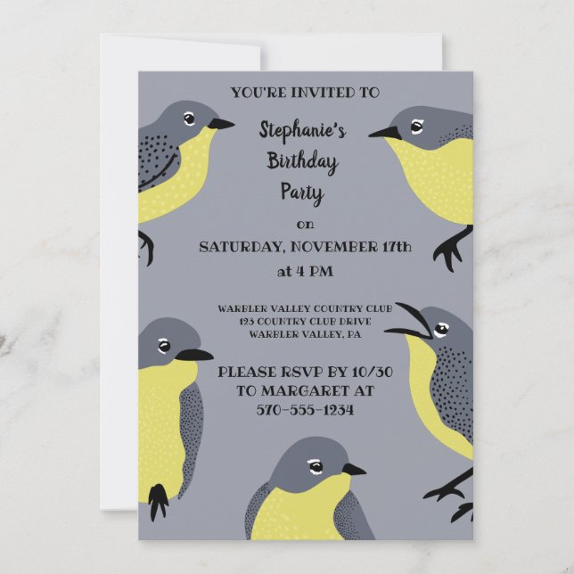 Kirtland's Warblers Bird Lovers Gray, Yellow Party Invitation (Front)