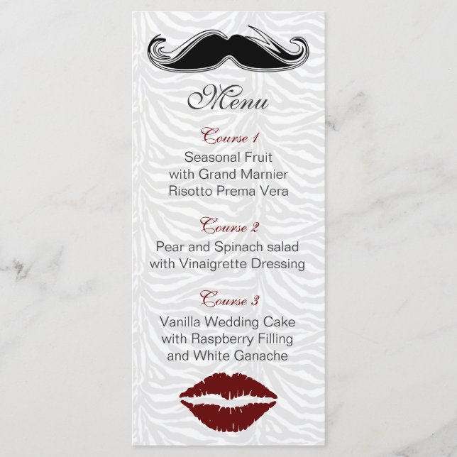 kiss and mustache zebra stripes  wedding menu (Front)