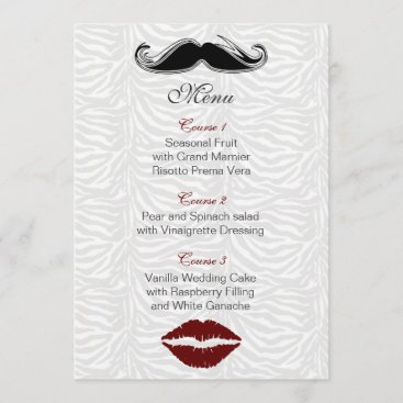 kiss and mustache zebra stripes wedding menu