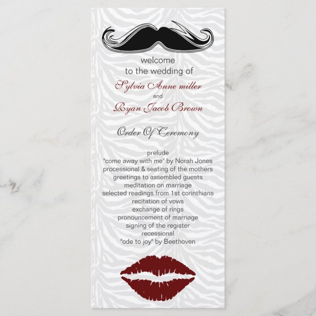 kiss and mustache zebra stripes wedding program (Front)