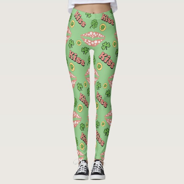 Kiss Clover Lips St. Patrick's Day Sage Leggings (Front)