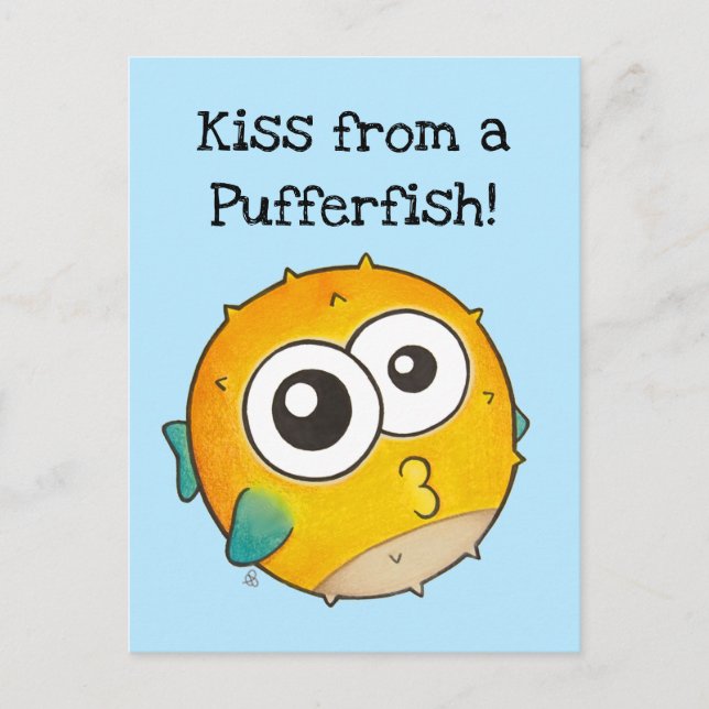 Kiss from a Pufferfish, Cute Yellow Blowfish Postcard (Front)