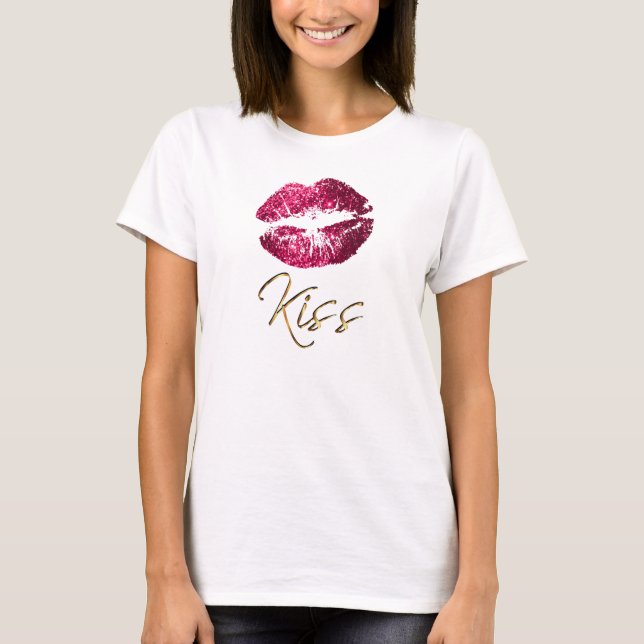Kiss - Hot Pink Glitter Lips T-Shirt (Front)