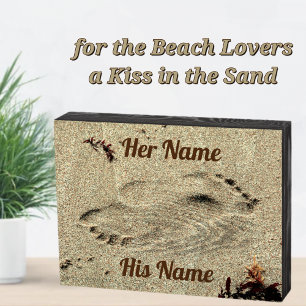 Kiss in the Sand Beach Lovers Foorprints Wooden Box Sign