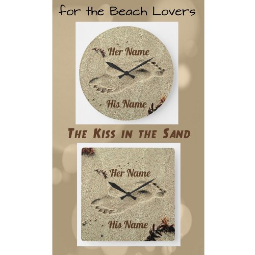 Kiss in the Sand with Couples Names wall Square Wall Clock