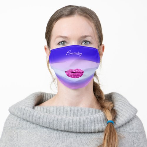 Kiss Lips Blue Pink Fuchsia Glitter Name Monogram Adult Cloth Face Mask