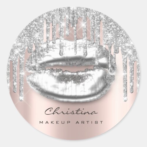 Kiss Lips Makeup Artist Glitter Drips Sparkly Gray Classic Round Sticker