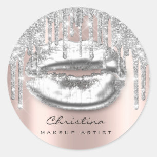 Kiss Lips Makeup Artist Glitter Drips Sparkly Gray Classic Round Sticker