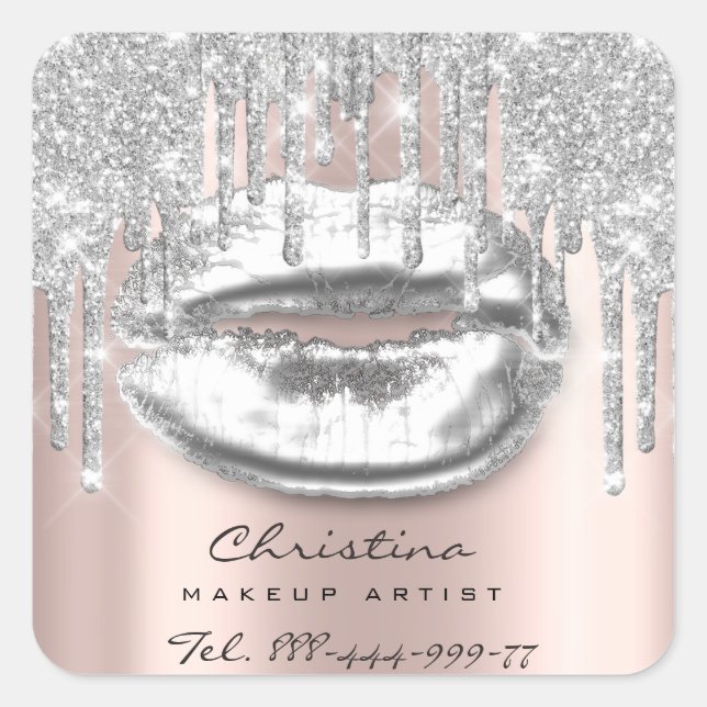 Kiss Lips Makeup Artist Glitter Drips Sparkly Gray Square Sticker (Front)