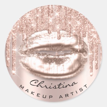 Kiss Lips Makeup Artist Glitter Drips Sparkly Name Classic Round Sticker