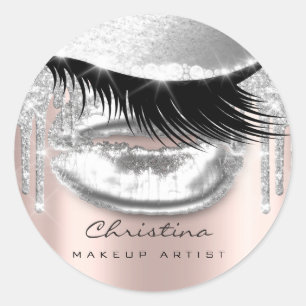 Kiss Lips Makeup Artist Glitter Lashe Sparkly Gray Classic Round Sticker