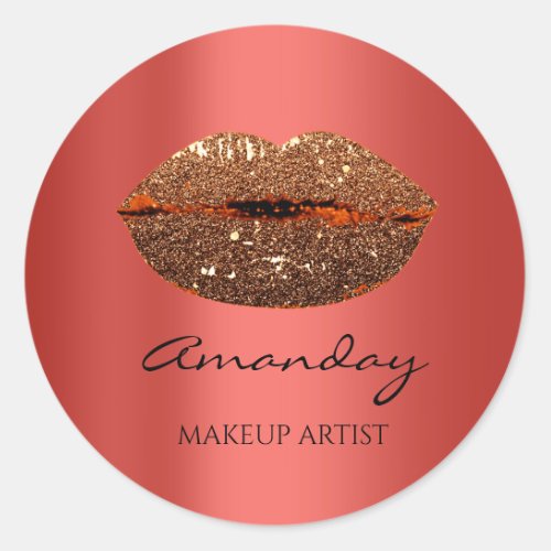 Kiss Lips Makeup Custom Name Red Gold Classic Round Sticker