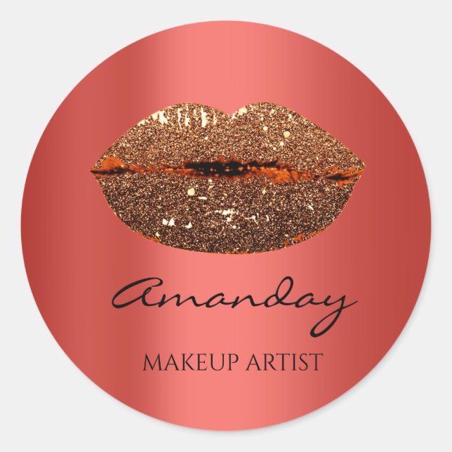 Kiss Lips Makeup Custom Name Red Gold Classic Round Sticker (Front)