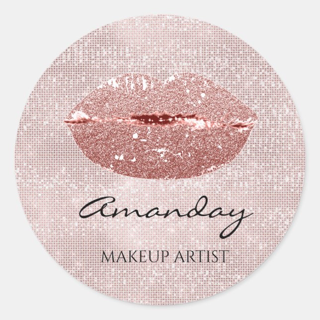 Kiss Lips Makeup Custom Name Rose Blush Classic Round Sticker (Front)