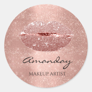 Kiss Lips Makeup Custom Name Rose Gold Classic Round Sticker