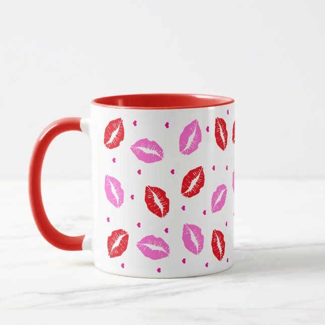 Kiss Lips Pink and Red, Heart Ceramic Mug (Left)
