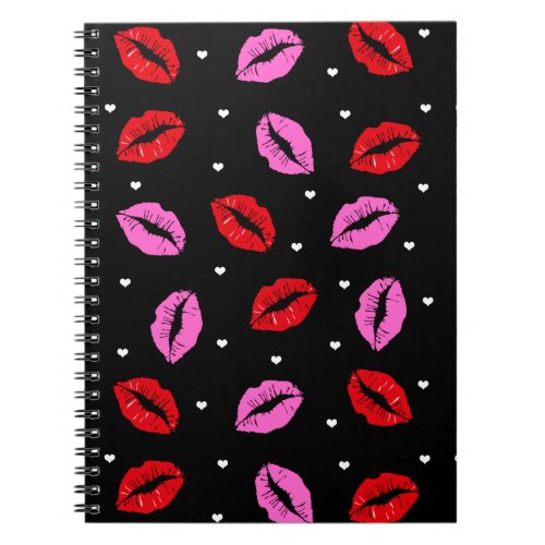 Kiss Lips Pink and Red Hearts Notebook BLK