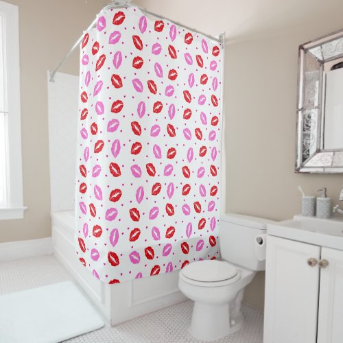 Kiss Lips Pink and Red with Hearts Shower Curtain