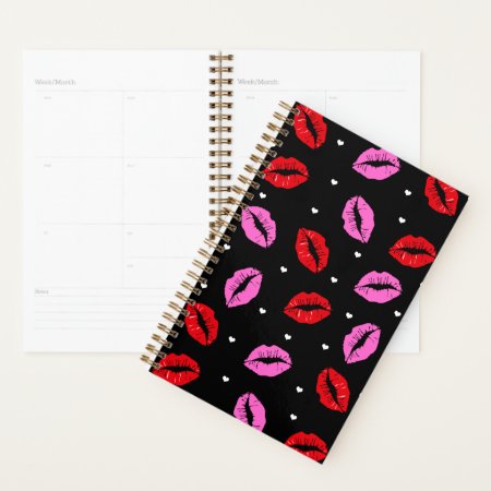 Kiss Lips Pink Red And Hearts Black Planner Sm/ Lg
