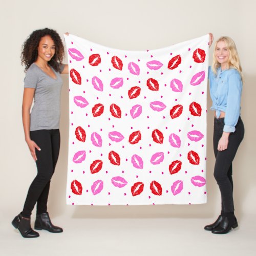 Kiss Lips Pink Red  and Hearts Fleece Blanket