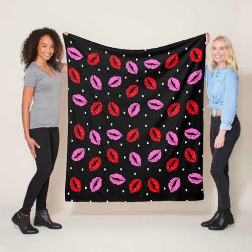 Kiss Lips Pink Red  and Hearts Fleece Blanket BLK