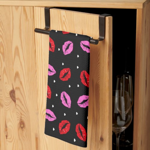 Kiss Lips Pink Red and Hearts Kitchen Towel _ BLK