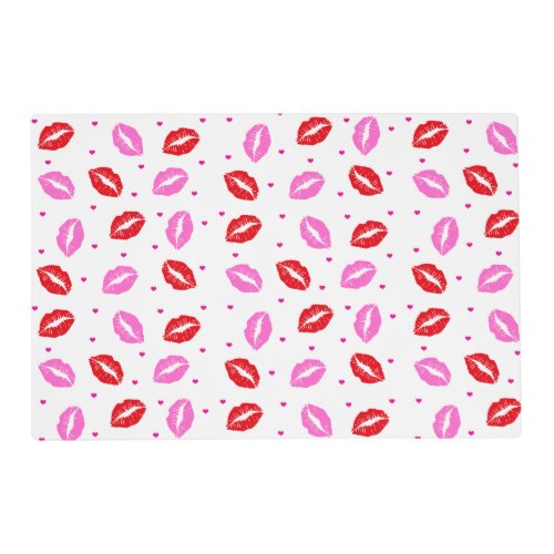 Kiss Lips Pink Red  and Hearts Laminated Placemat