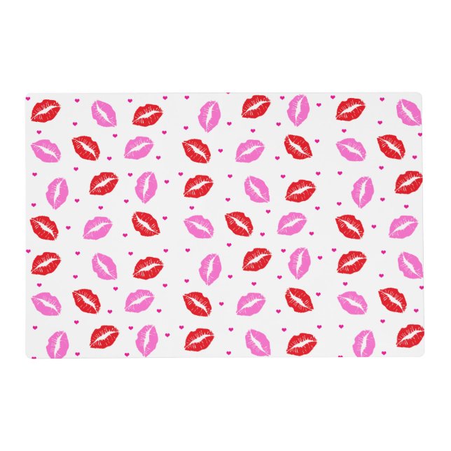 Kiss Lips Pink Red  and Hearts Laminated Placemat (Front)