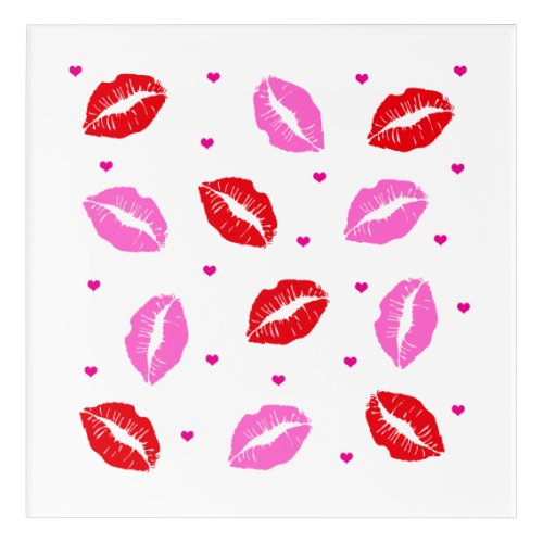 Kiss Lips Pink Red Hearts Acrylic Wall Art
