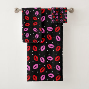 Kiss Lips Pink Red Hearts Bathroom Towel Set - BLK
