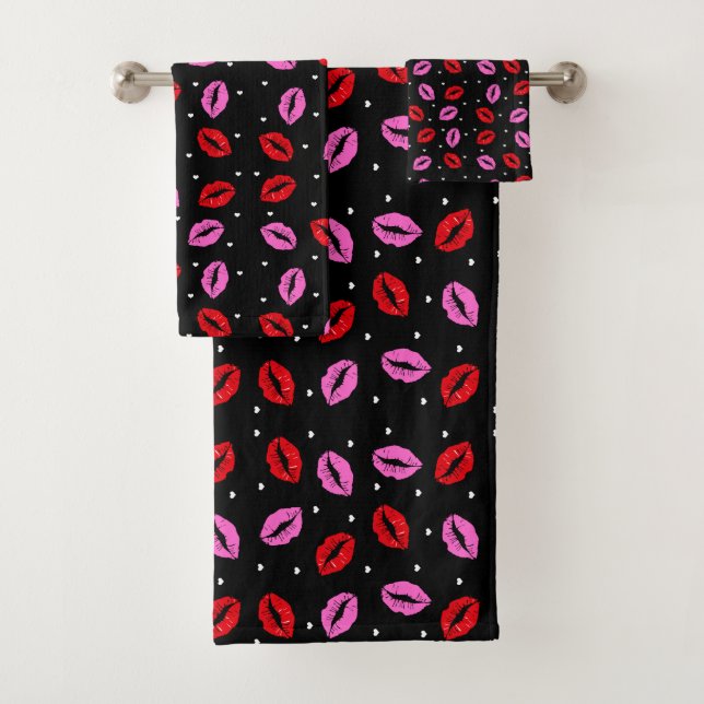 Kiss Lips Pink Red Hearts Bathroom Towel Set - BLK (Insitu)