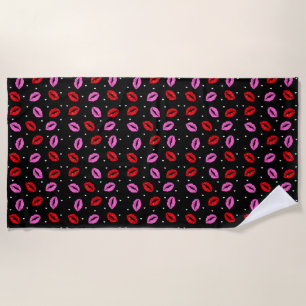 Kiss Lips Pink Red Hearts Beach Towel - BLK