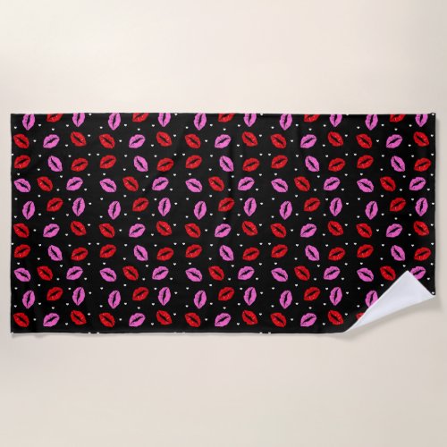 Kiss Lips Pink Red Hearts Beach Towel _ BLK